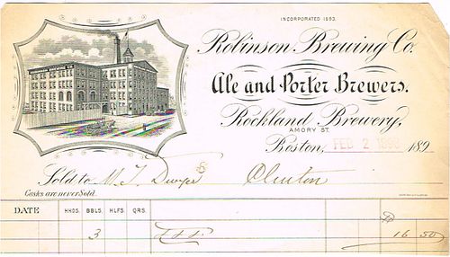 1898 Robinson Brewing Co. Rockland Brewery Billhead Boston, Massachusetts
