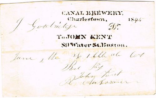 1845 Canal Brewery John Kent Billhead Boston, Massachusetts