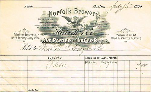 1900 Habich & Co. Norfolk Brewery Billhead Boston, Massachusetts