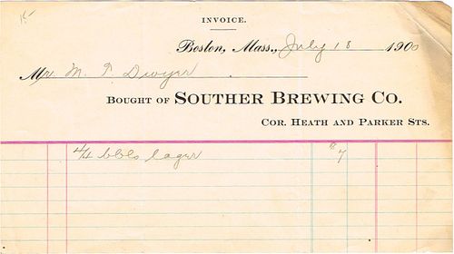 1900 Souther Brewing Co. Invoice Boston, Massachusetts