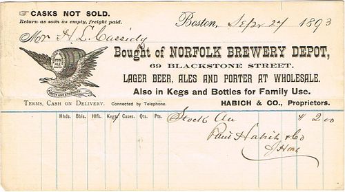 1893 Habich & Co. Norfolk Brewery Billhead Boston, Massachusetts