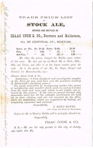 1890 Isaac Cook & Co. Old Boston Brewery Trade Price List Boston, Massachusetts