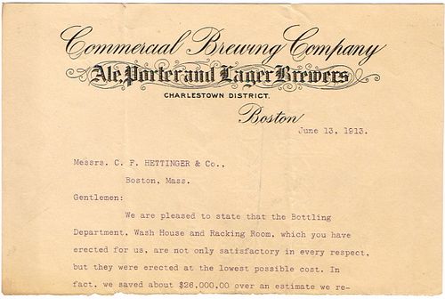 1913 Commercial Brewing Co. Letterhead Boston, Massachusetts