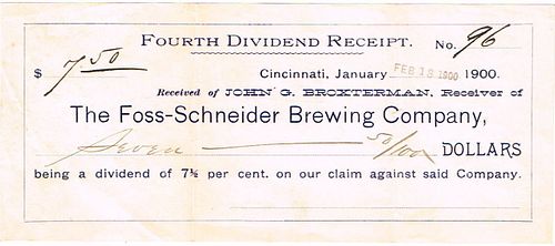 1900 Foss-Schneider Brewing Co. Queen City Brewery Dividend Receipt Cincinnati, Ohio
