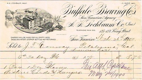 1900 A. H. Lochbaum & Co. (Agents for Buffalo Brewing) Billhead San Francisco, California
