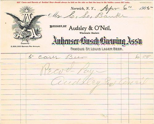 1905 Audsley & O'Neil (agents for Anheuser-Busch) Billhead Norwich, New York