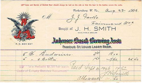 1906 J. H. Smith (agent for Anheuser-Busch) Billhead Fairmont, West Virginia
