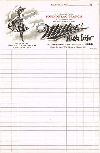 1906 W. H. Seeger (agent for the Miller Brewing Co.) Billhead Fond Du Lac, Wisconsin