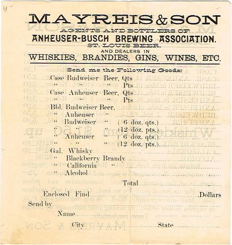 1881 Mayreis & Son (agents for Anheuser-Busch) Price List Beardstown, Illinois