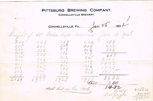 1901 Pittsburgh Brewing Co. Connellsville Brewery Billhead Connellsville, Pennsylvania