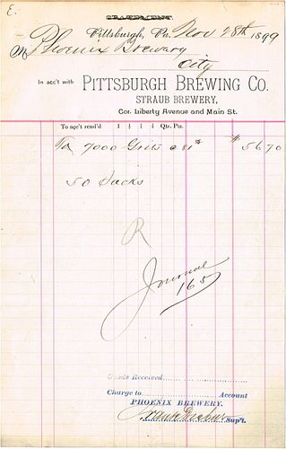1899 Pittsburgh Brewing Co. Straub Brewery Billhead Pittsburgh, Pennsylvania