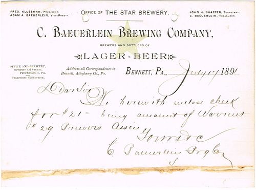 1891 C. Baeuerlein Brewing Co. Star Brewery Letterhead Pittsburgh, Pennsylvania
