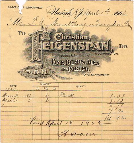 1902 Christian Feigenspan Inc. Lager Beer Department Billhead Newark, New Jersey