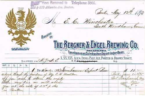 1895 Bergner & Engel Brewing Co. Plant 1 Billhead Philadelphia, Pennsylvania