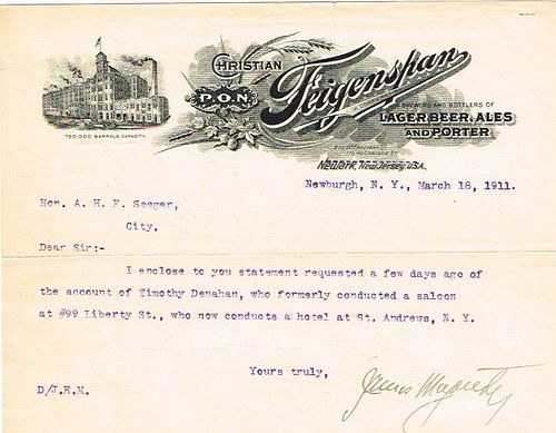 1911 James E. Magourty (agent for Christian Feigenspan) Letterhead Newburgh, New York