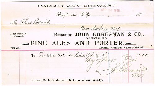 1905 Parlor City Brewery John Ehresman & Co. Billhead Binghamton, New York