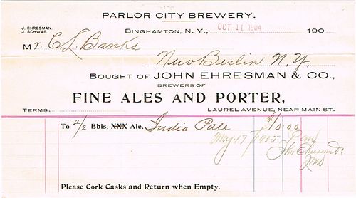 1904 Parlor City Brewery John Ehresman & Co. Billhead Binghamton, New York