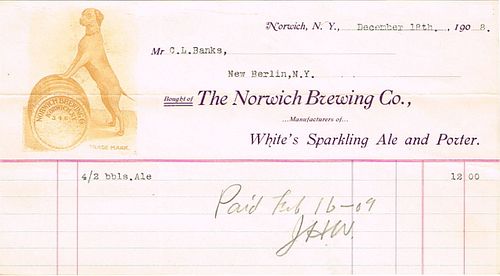 1908 Norwich Brewing Company Billhead Norwich, New York
