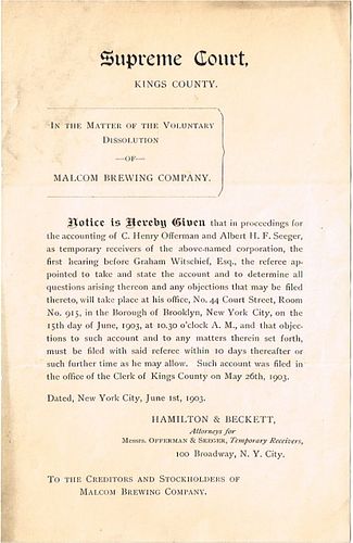 1903 Malcom Brewing Co. Announcement edit Brooklyn, New York