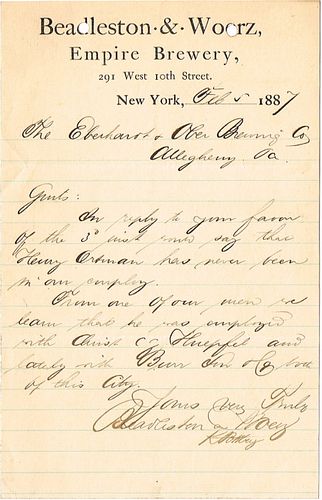 1887 Beadleston & Woerz Empire Brewery Letterhead New York, New York