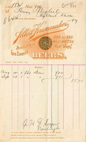 1910 Albert Krumenaker (Bottler for Ehret's) Billhead New York, New York