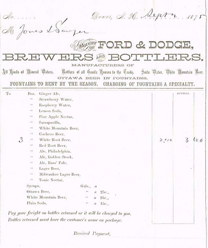 1875 Ford & Dodge Brewers and Bottlers Billhead Dover, New Hampshire