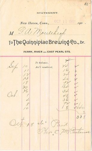1901 Quinnipiac Brewing Co. Billhead New Haven, Connecticut