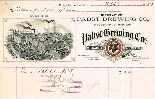 1893 Pabst Brewing Co. (Agency) Billhead Pocahontas, Virginia