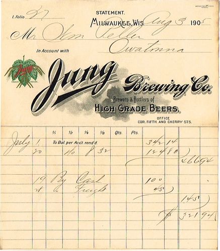 1905 Jung Brewing Company Billhead Milwaukee, Wisconsin