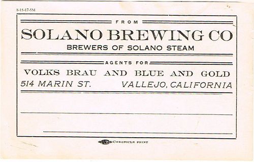 1904 Solano Brewing Co. Mailing Label Vallejo, California