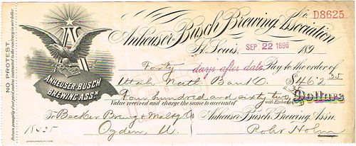 1896 Anheuser Busch Brewing Association Company Check Saint Louis, Missouri