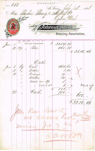 1896 Anheuser Busch Brewing Association Billhead Saint Louis, Missouri