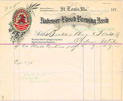 1897 Anheuser Busch Brewing Association Billhead Saint Louis, Missouri