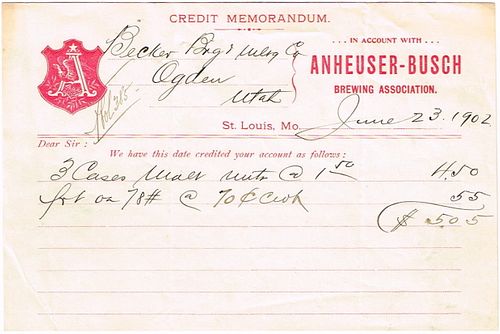 1902 Anheuser Busch Brewing Association Credit Memorandum Saint Louis, Missouri