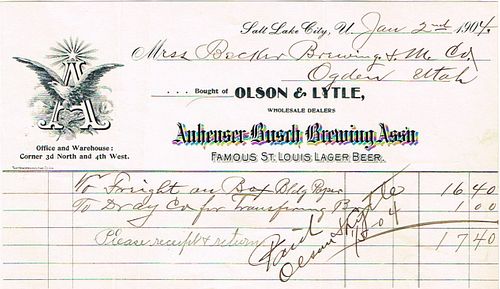 1904 Olson & Lytle (agents for Anheuser-Busch) Billhead Salt Lake City, Utah