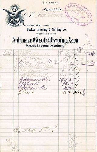 1899 Becker Brewing & Malting Company (agents for Anheuser-Busch) Billhead Ogden, Utah