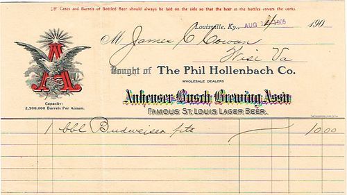 1905 Phil Hollenbach & Co. (agents for Anheuser-Busch) Billhead Louisville, Kentucky