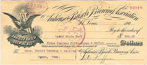 1908 Anheuser-Busch Brewing Ass'n Company Check Saint Louis, Missouri