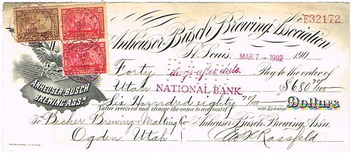 1902 Anheuser Busch Brewing Association Company Check Saint Louis, Missouri