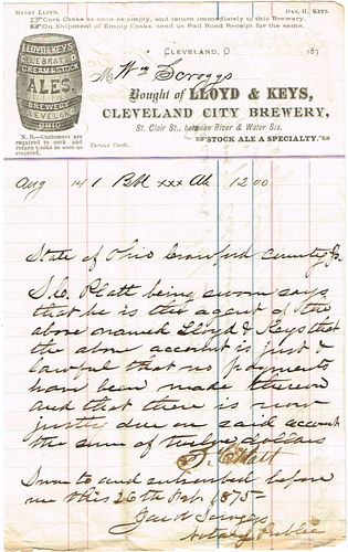 1875 (Henry) Lloyd S (Daniel H.) Keys Cleveland City Brewery Billhead Cleveland, Ohio