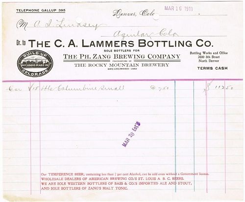 1911 C. A. Lammers Bottling Co. (Bottlers for Zang's) Billhead Denver, Colorado
