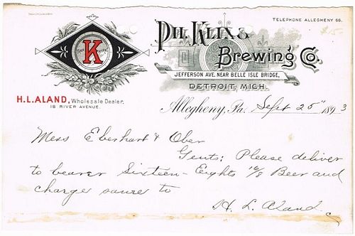 1893 H. L. Aland Ph. Kling Brewery (depot) Letterhead Allegheny, Pennsylvania