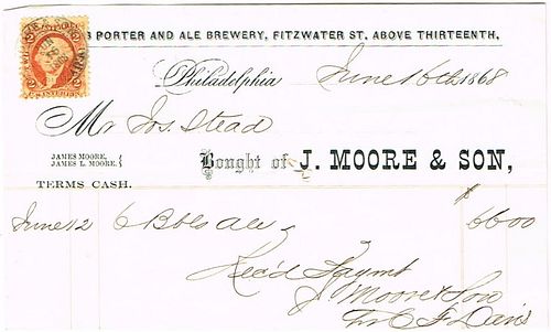 1868 James Moore & Son (Aka of James L Moore Ale & Porter Brewery) Billhead Philadelphia, Pennsylvania