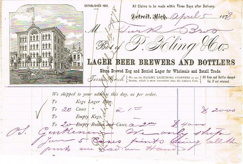 1878 Philip Kling & Co's Peninsular Brewery Billhead Detroit, Michigan