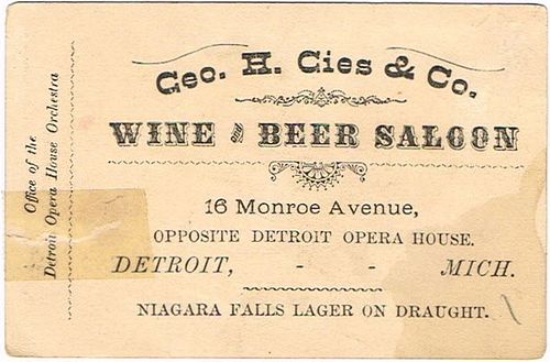 1882 Geo. H. Gies & Co. (agents for Kling's Langdon's & Niagara Falls Lager) Niagara Falls Lager Beer Detroit, Michigan