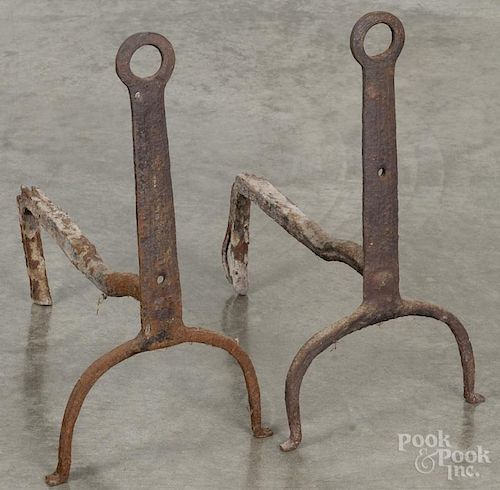 Pair of wrought iron andirons, late 18th c., 16 1/4'' h.