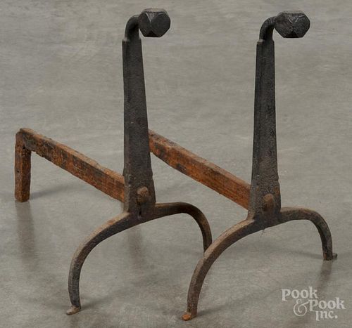 Pair of wrought iron andirons, late 18th c., with faceted ball terminals, 20 1/2'' h.