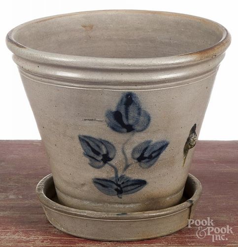 Pennsylvania stoneware flowerpot, 19th c., with cobalt floral decoration, 9 1/2'' h.