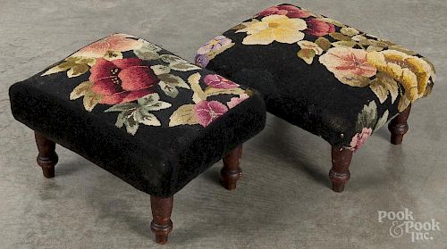 Pair of Sheraton painted pine foot stools, 19th c., with floral upholstery, 8'' h., 14'' w.