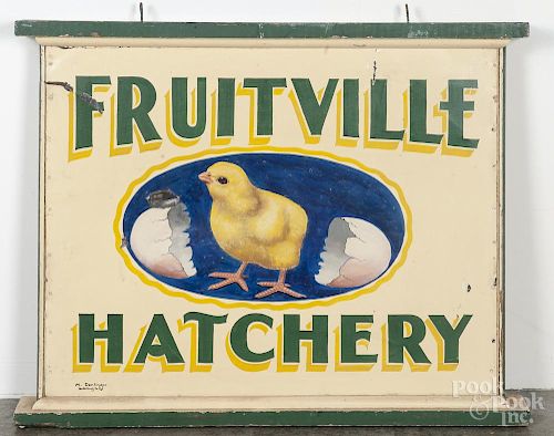 Painted tin and pine trade sign, 20th c., inscribed Fruitville Hatchery, signed M. Demlinger